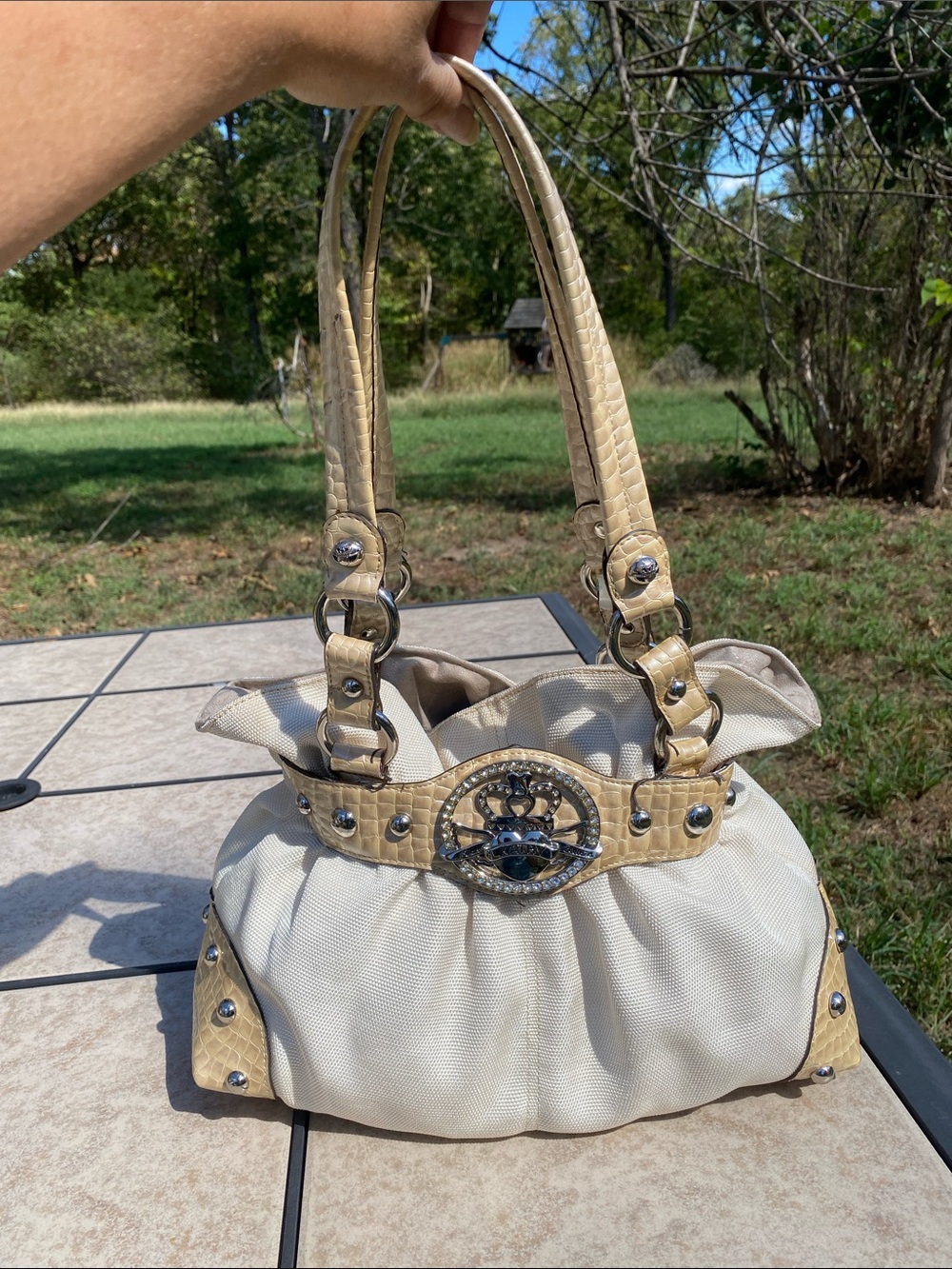 Kathy Van Zeeland Y2K Queen Canvas and Faux Croc Studded Shoulder Bag